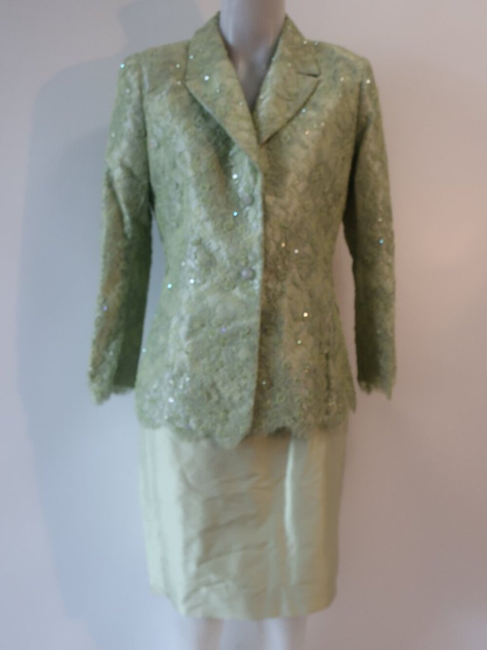 Badgley Mischka Sage Green (Item-53) Pure Silk Lace Jacket Straight Skirt Suit 8